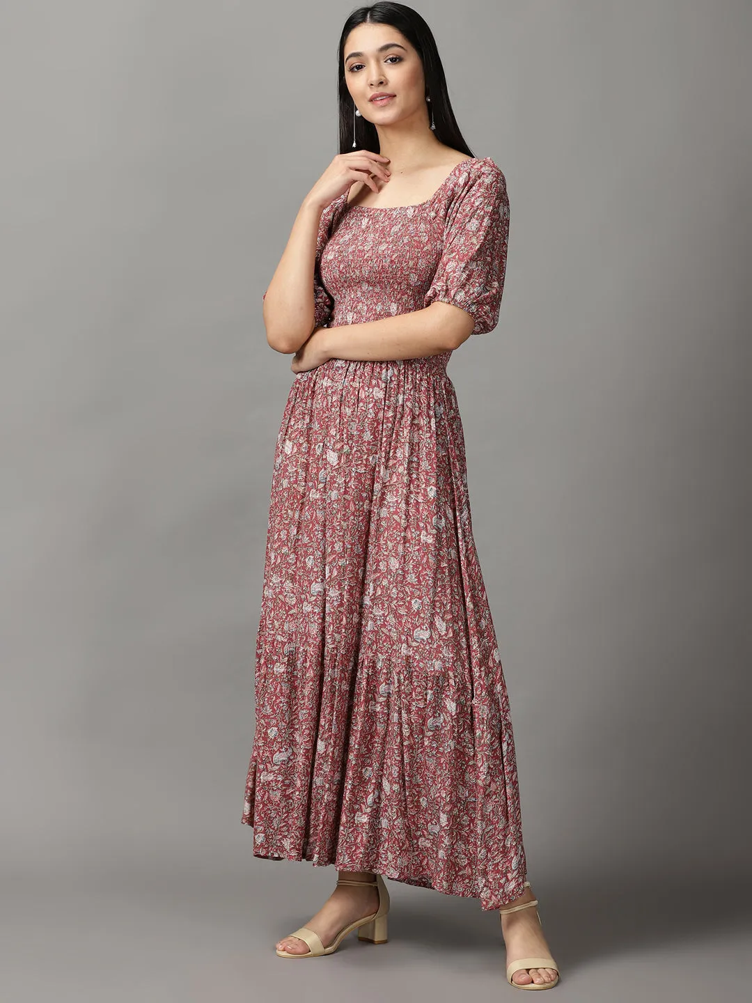 Edge Detail Women's Purple Floral Fit and Flare Midi Dress