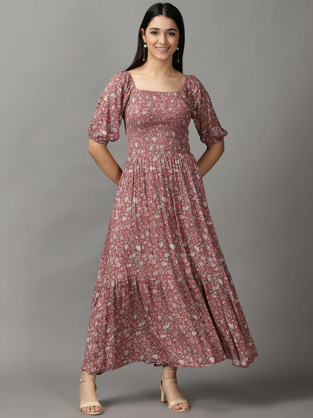 Women's Purple Floral Fit and Flare Midi Dress Rhinestone-Detail Street Mood