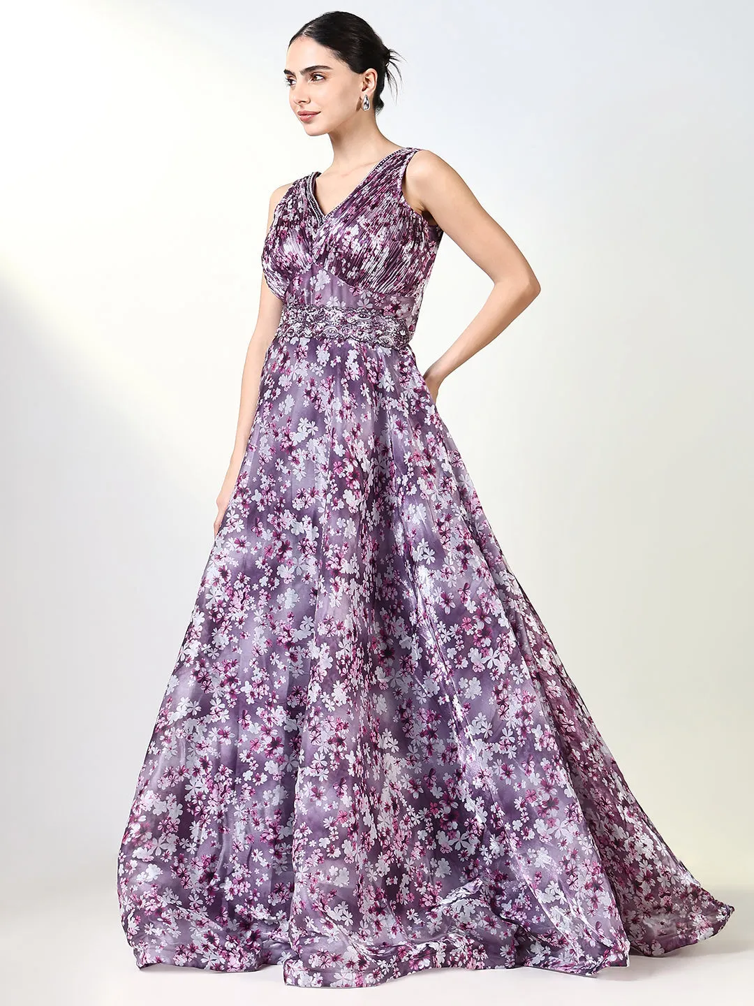 Women's Purple Floral Gown Dress with Belt & Dupatta NonSlipClosure