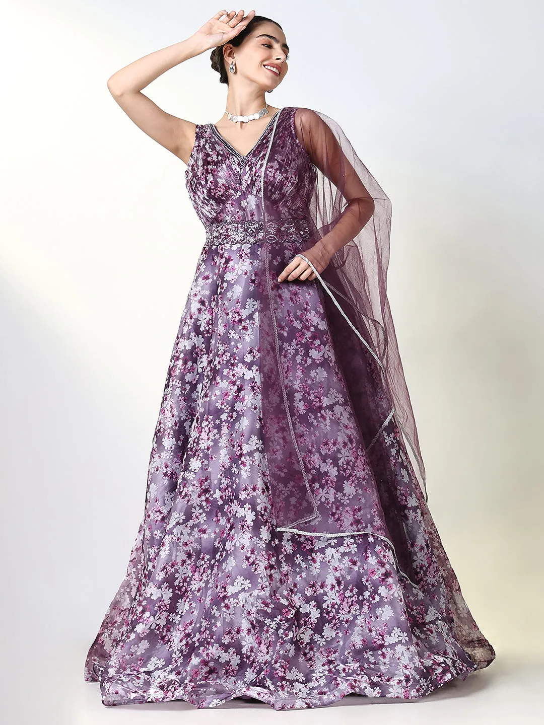 Women's Purple Floral Gown Dress with Belt & Dupatta Evening Tone Shade Glow