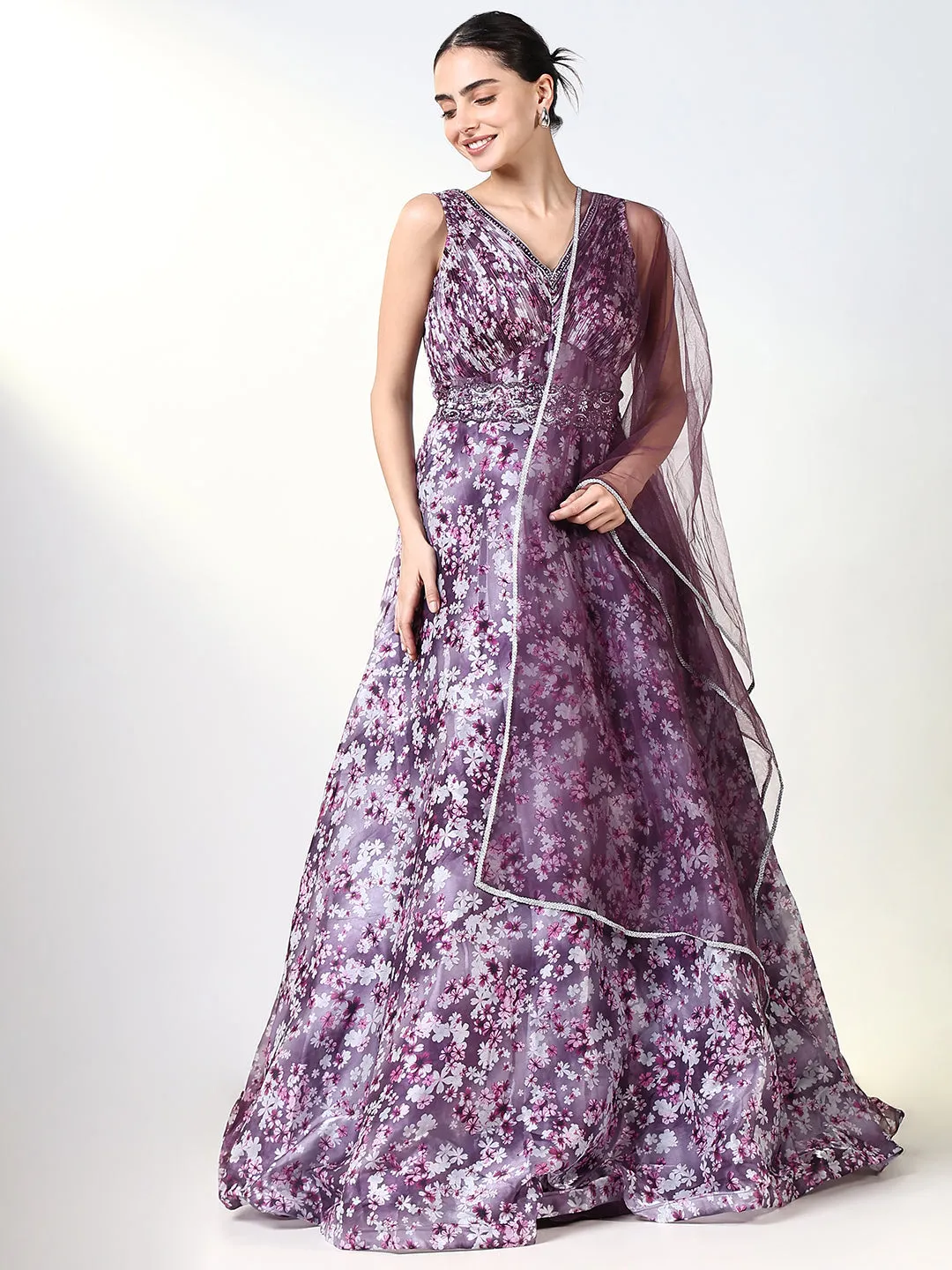 Work Comfort Women's Purple Floral Gown Dress with Belt & Dupatta