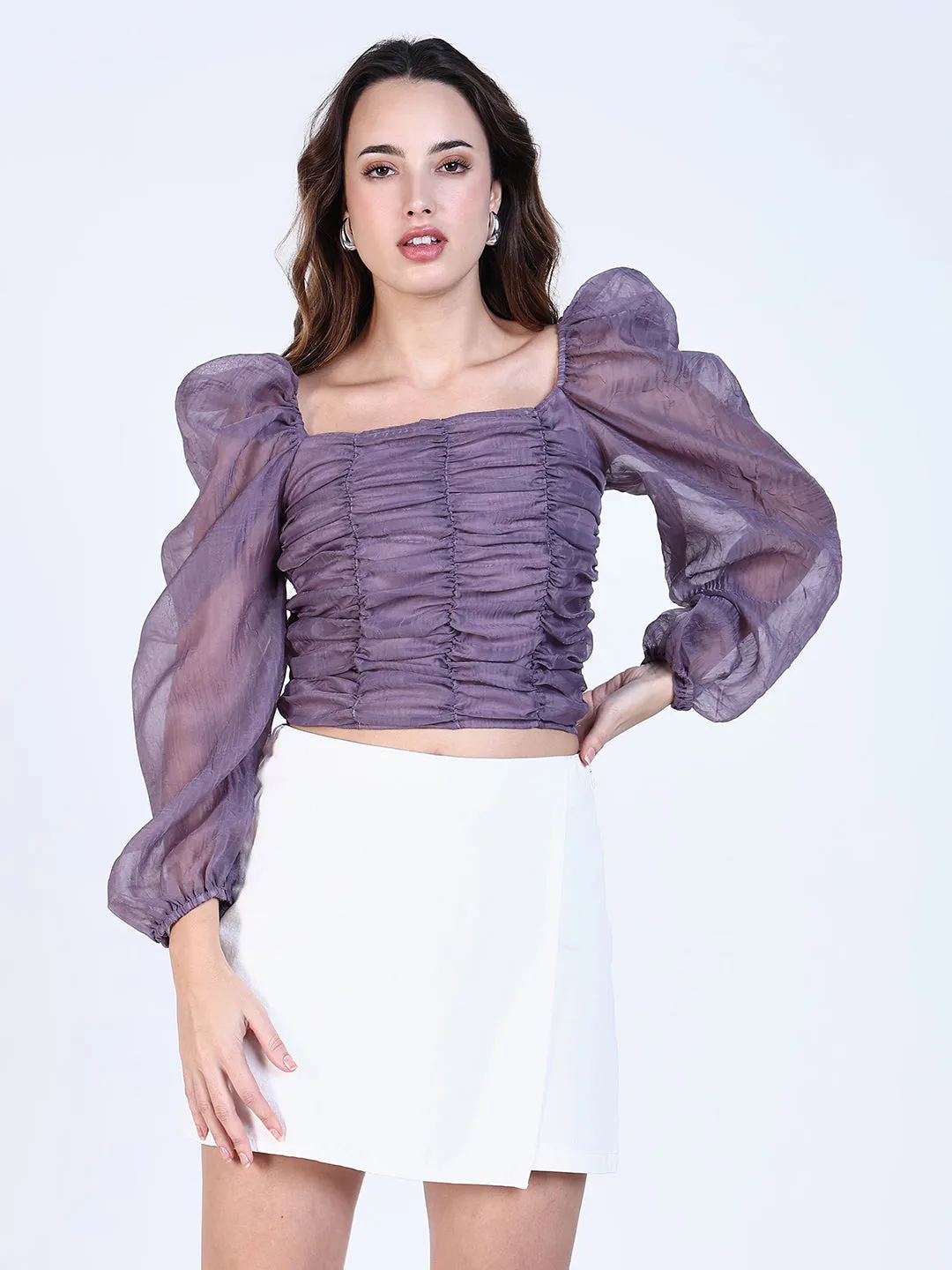 Trendy popularity Women's Purple Square Neck Puff Sleeves Smocking Fitted Crop Top