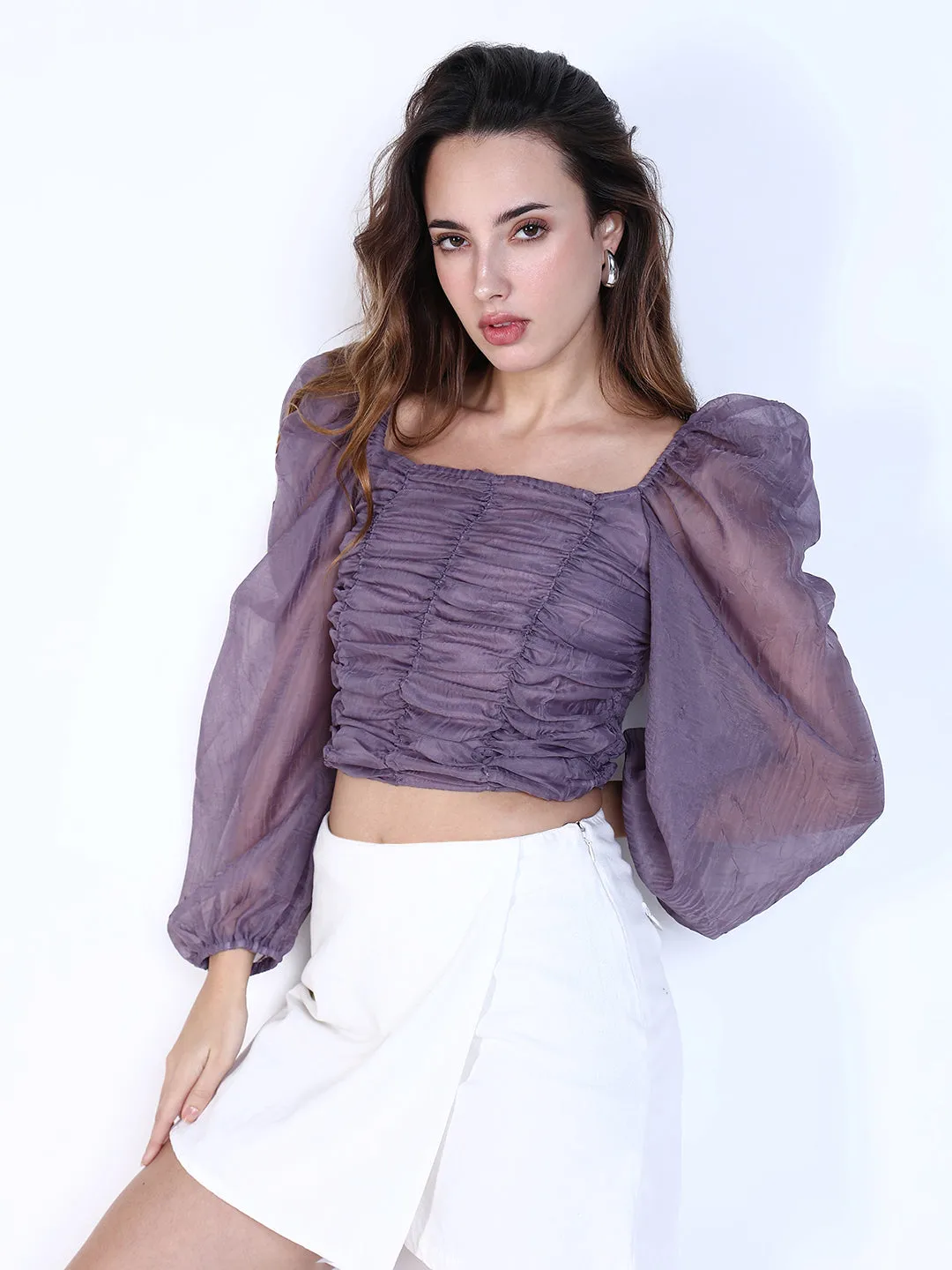 clean look HighCollared Design Women's Purple Square Neck Puff Sleeves Smocking Fitted Crop Top