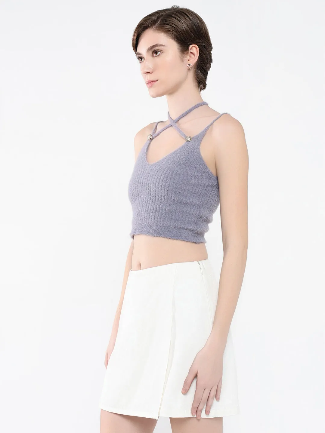 Eco friendly materials Women's Purple Tie-Up Neck Acrylic Top