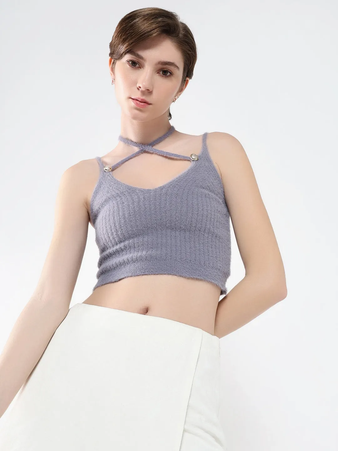 Women's Purple Tie-Up Neck Acrylic Top Valentine's Day Cool Layering