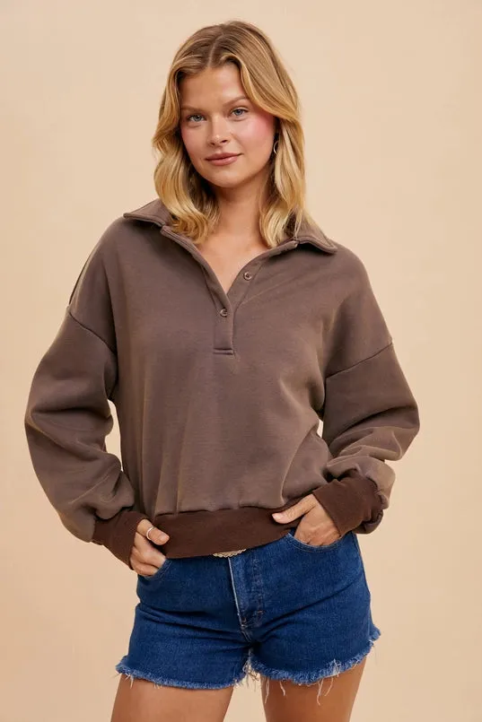 Women's Quarter Button Collared Solid Cropped Sweatshirt in Dusted Mocha product handmade quality