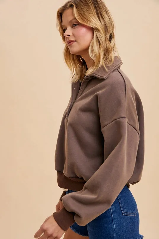 Core Active Chill Layers Women's Quarter Button Collared Solid Cropped Sweatshirt in Dusted Mocha