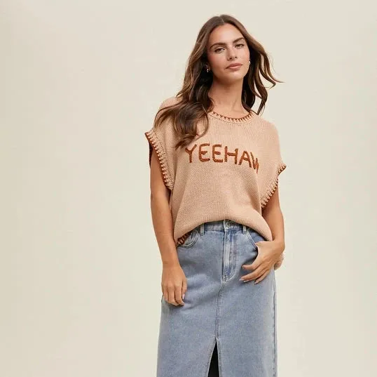 Relaxed Crew Neck Women's "Yeehaw" Wordy Contrast Sweater in Tan