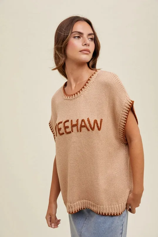 Fast Drying Material Daily Layered Women's "Yeehaw" Wordy Contrast Sweater in Tan