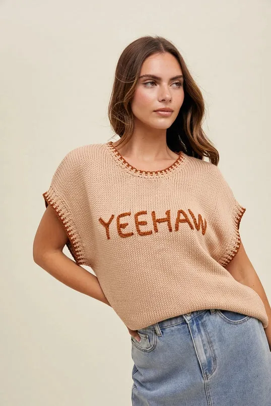 Women's "Yeehaw" Wordy Contrast Sweater in Tan Merino Wool No Fuss