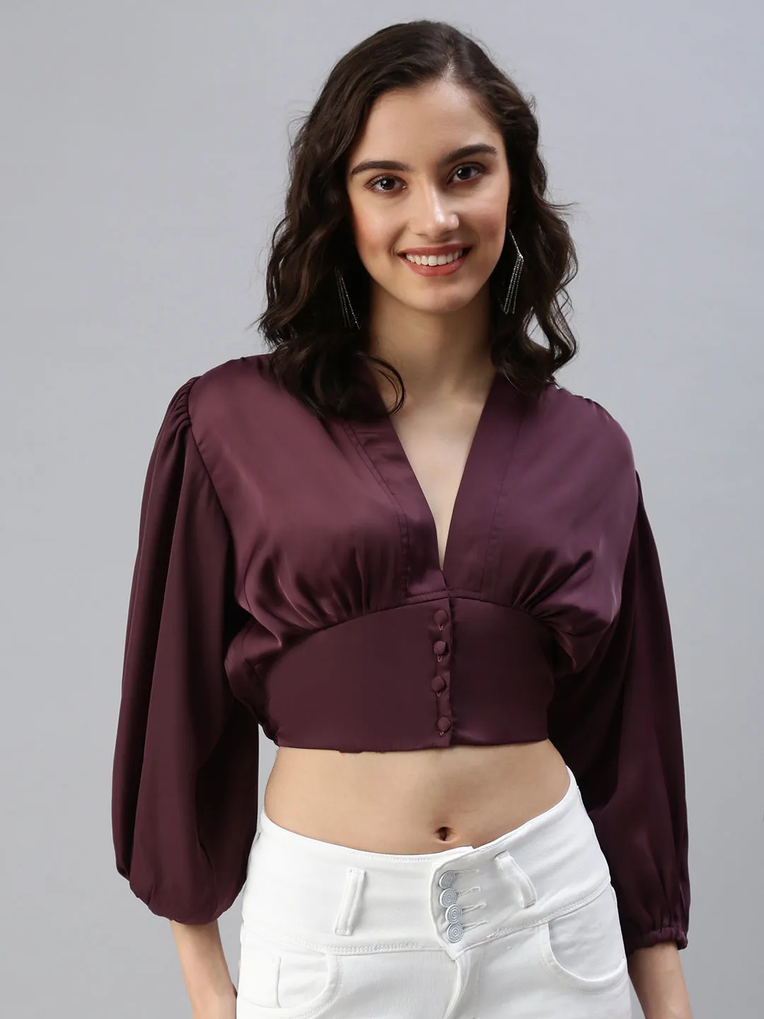 Women's Red Blouson Crop Top Simple Chic Sporty Comfort Wear