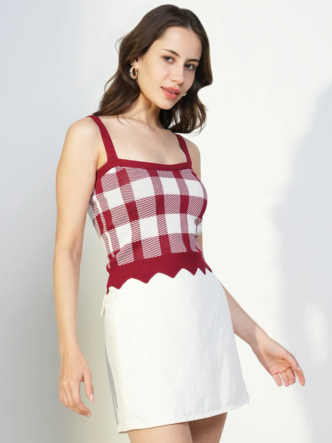 Women's Red Checked Shoulder Straps Crop Top Yarn Dyed Stripes Beach Wear