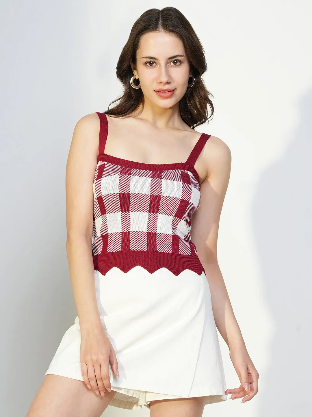 Women's Red Checked Shoulder Straps Crop Top Comfy Fit All-Weather Wear