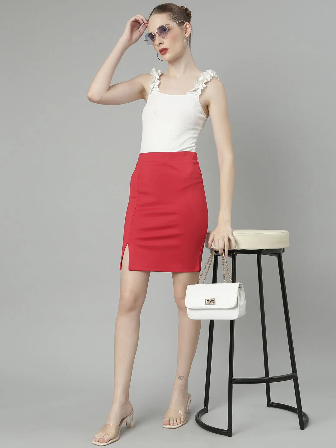 Stretchable Waist Women's Red Front Slit Pencil Mini Skirt