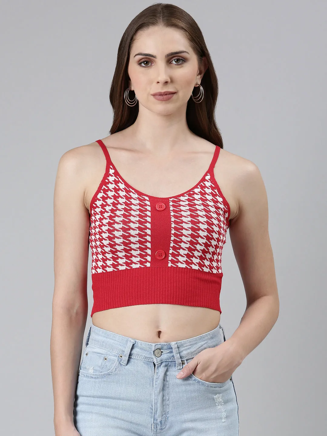 Modern Style Trend Women's Red Geometric Print Crop Tank Top