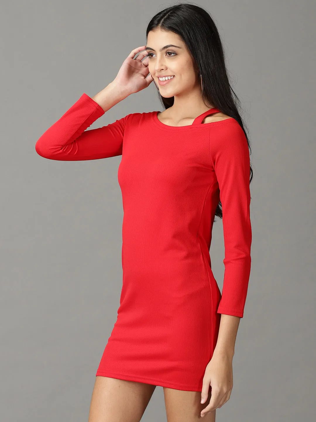 Women's Red Long Sleeves Acrylic Mini Jumper Dress Mood Friendly