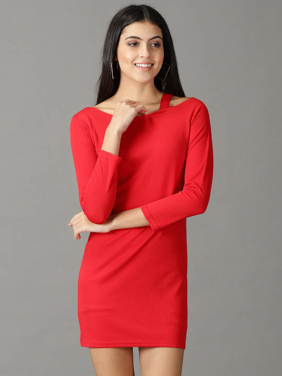 Women's Red Long Sleeves Acrylic Mini Jumper Dress Silky Drape
