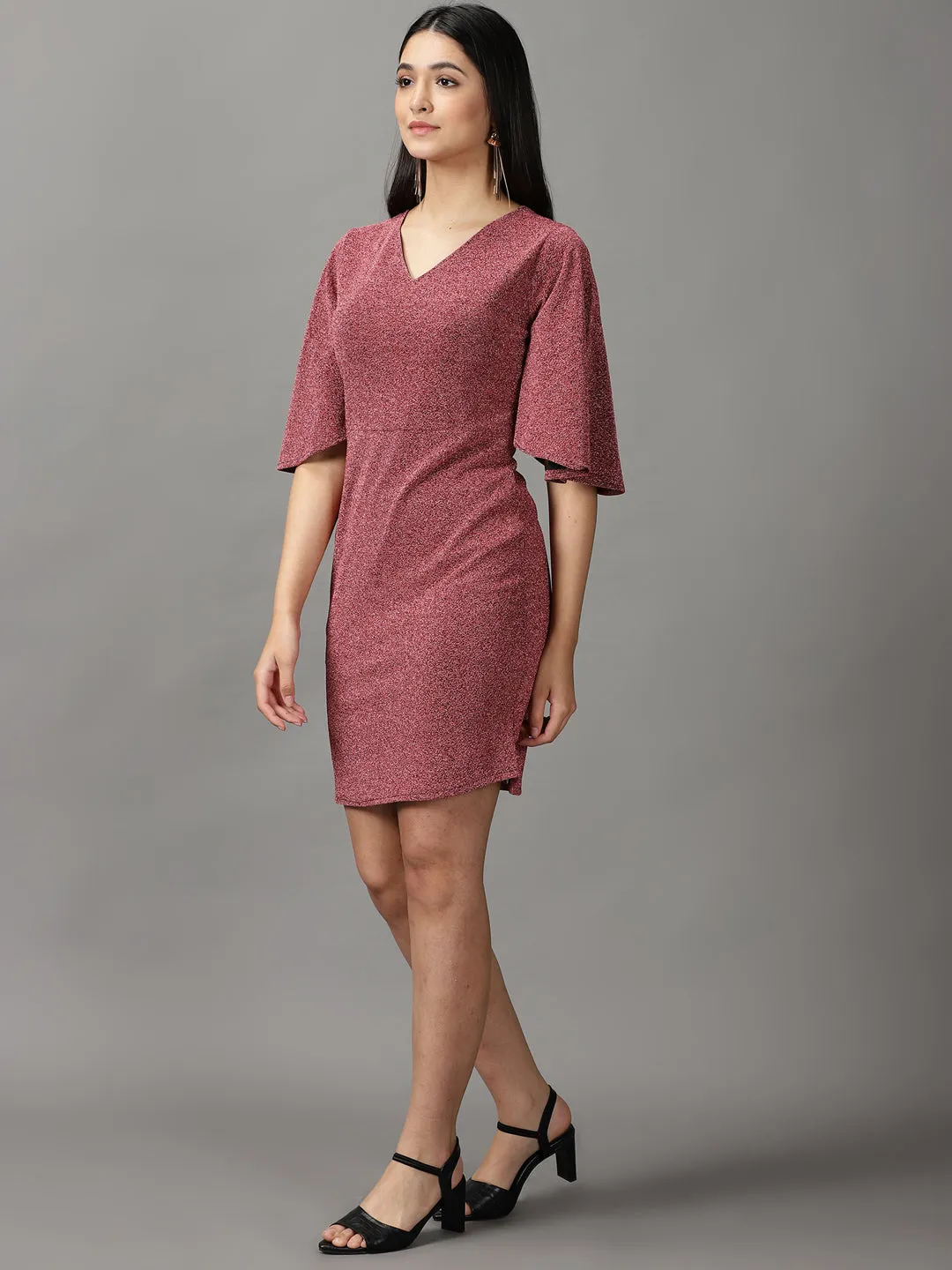 Multipurpose Women's Red Self Design Flared Sleeves Sheath Dress