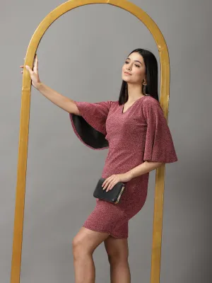 Clean Mood Women's Red Self Design Flared Sleeves Sheath Dress