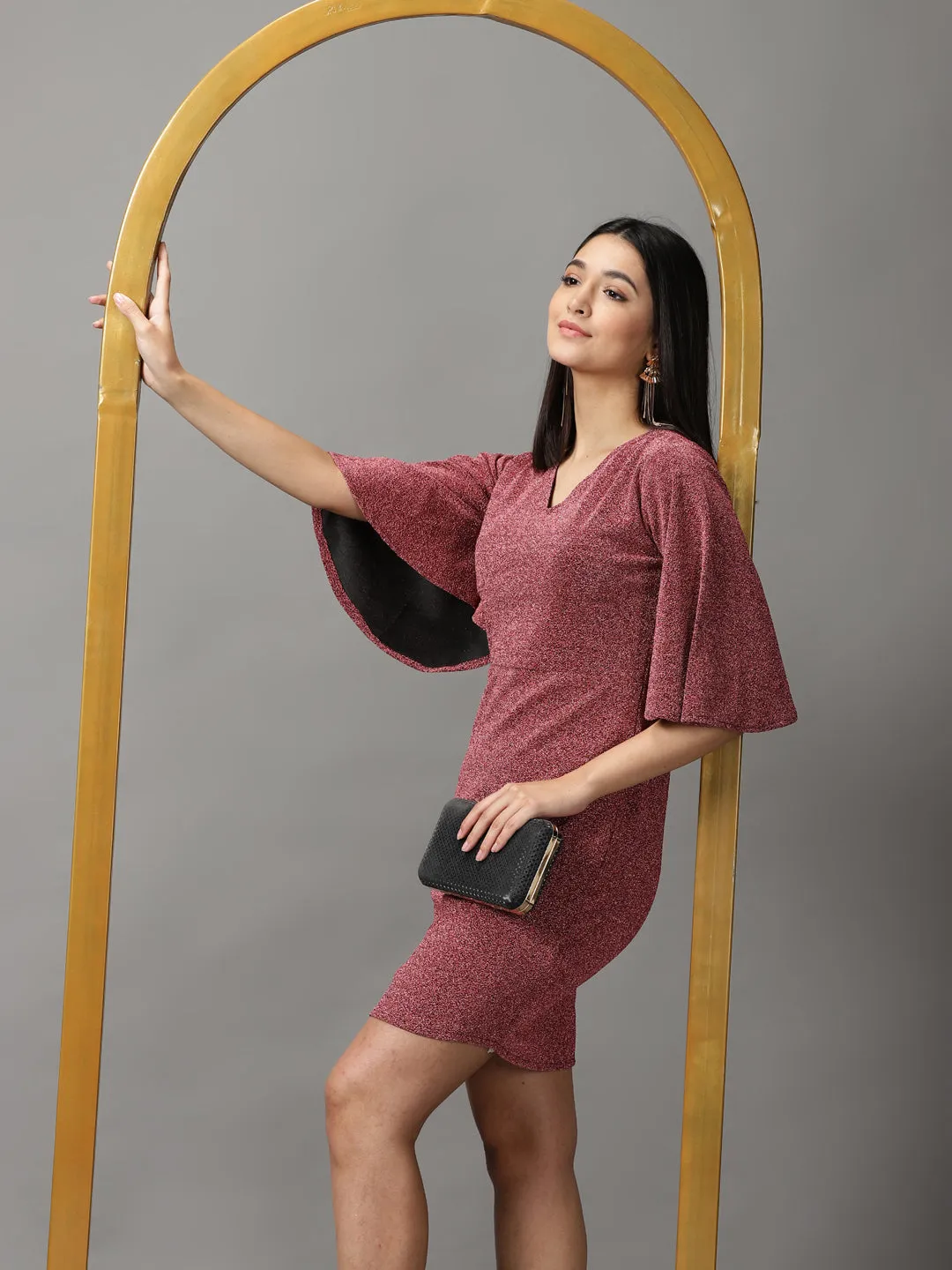 Clean Mood Women's Red Self Design Flared Sleeves Sheath Dress