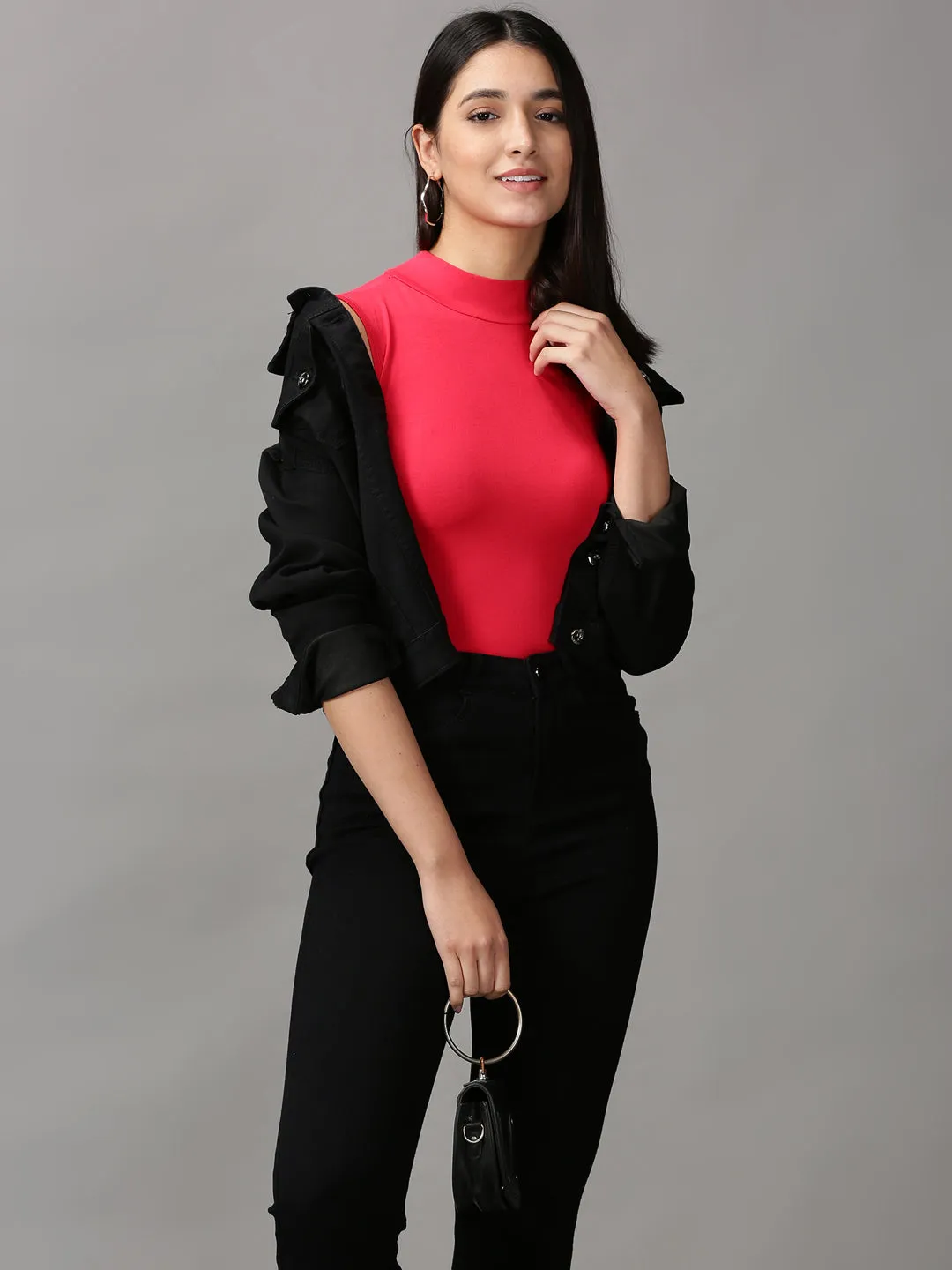 Women's Red Sleeveless High Neck Top Relaxed Waistband Comfortable Layering