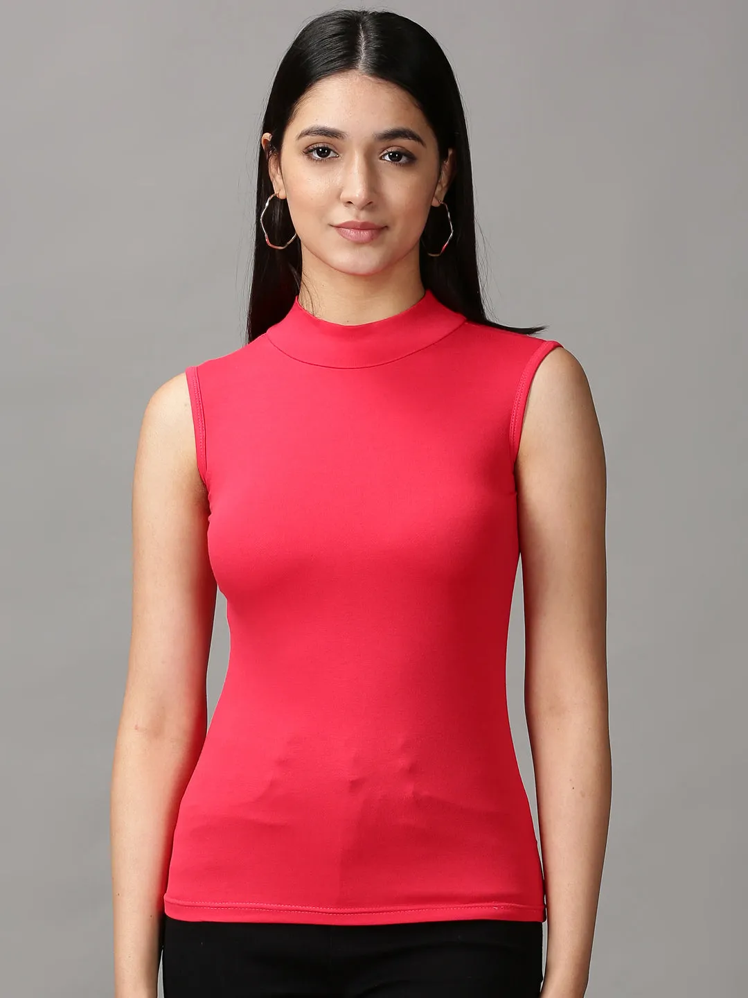 regular but not boring Ultra Soft Texture Women's Red Sleeveless High Neck Top