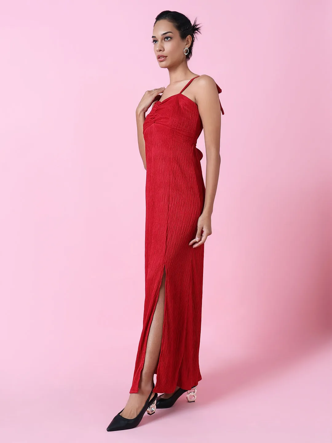 Women's Red Solid Crepe Ready to Wear Maxi Dress Balanced Tones Front Detail