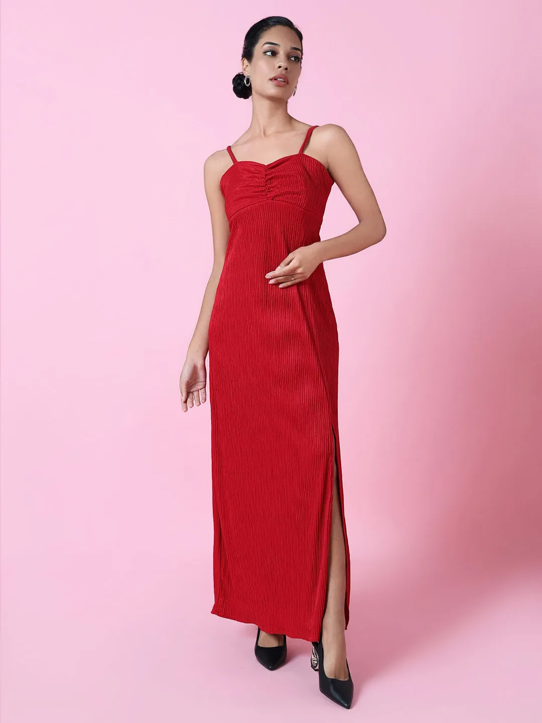 Women's Red Solid Crepe Ready to Wear Maxi Dress New York Daywear Mood
