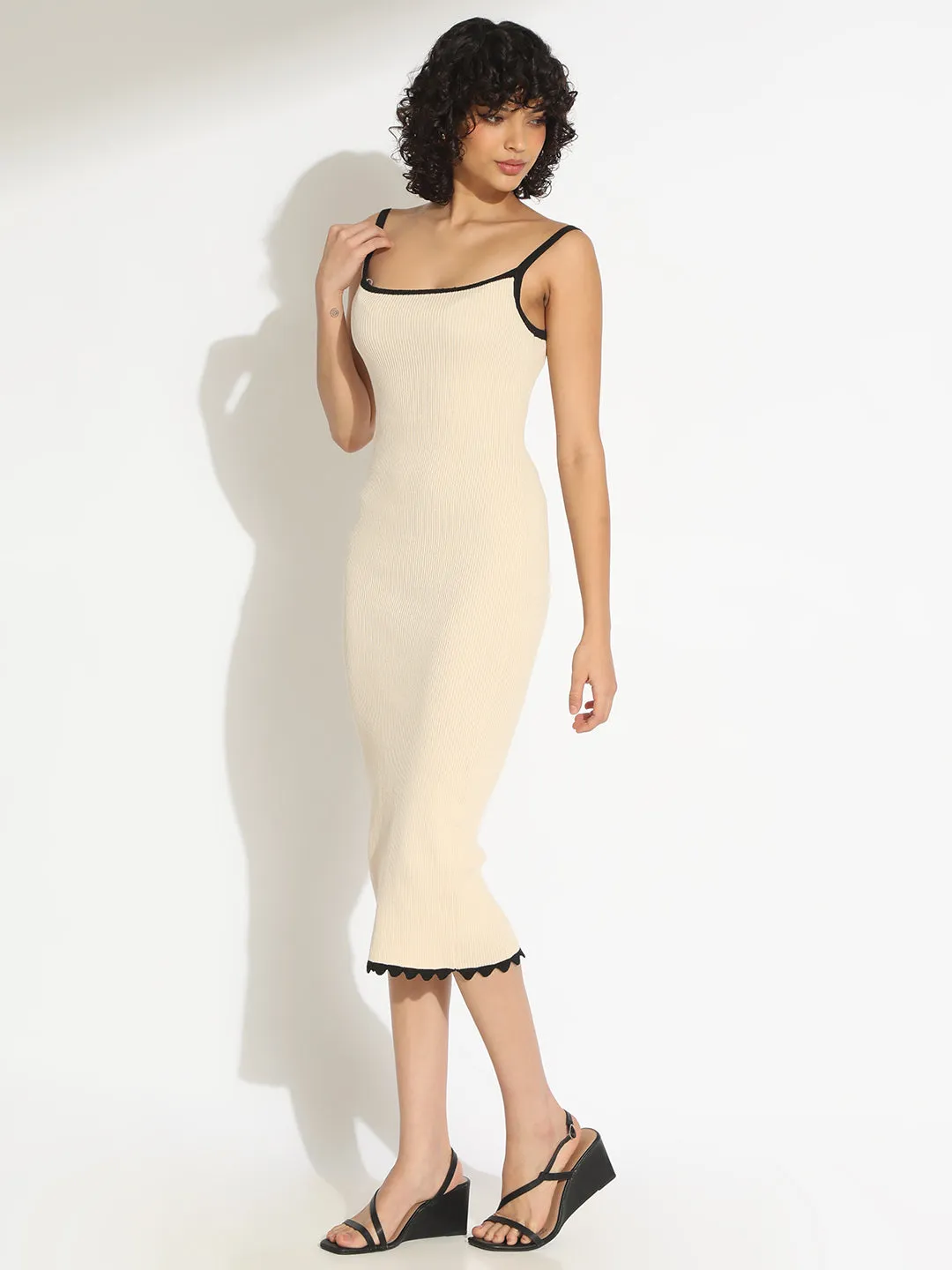 Simplistic Mood Feminine off-the-shoulder gown Women's Ribbed Cream Bodycon Sleeveless Dress with Trim Detail