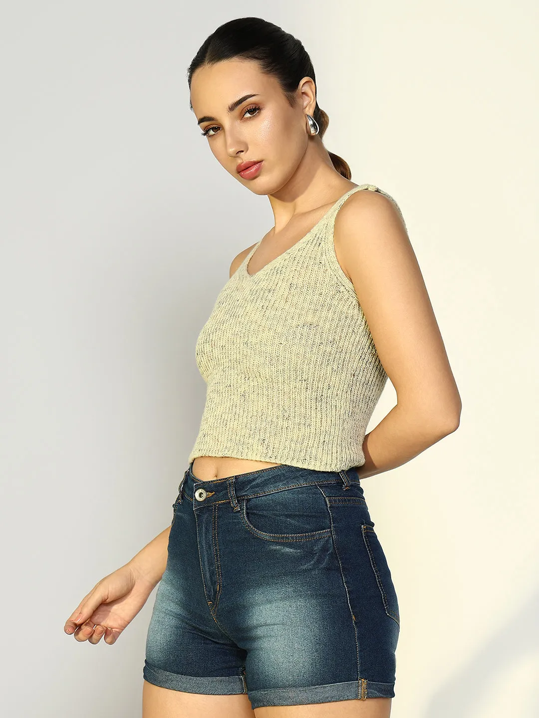 Women's Ribbed Green Crop Top with Shrug Everyday Flex Casual Everyday