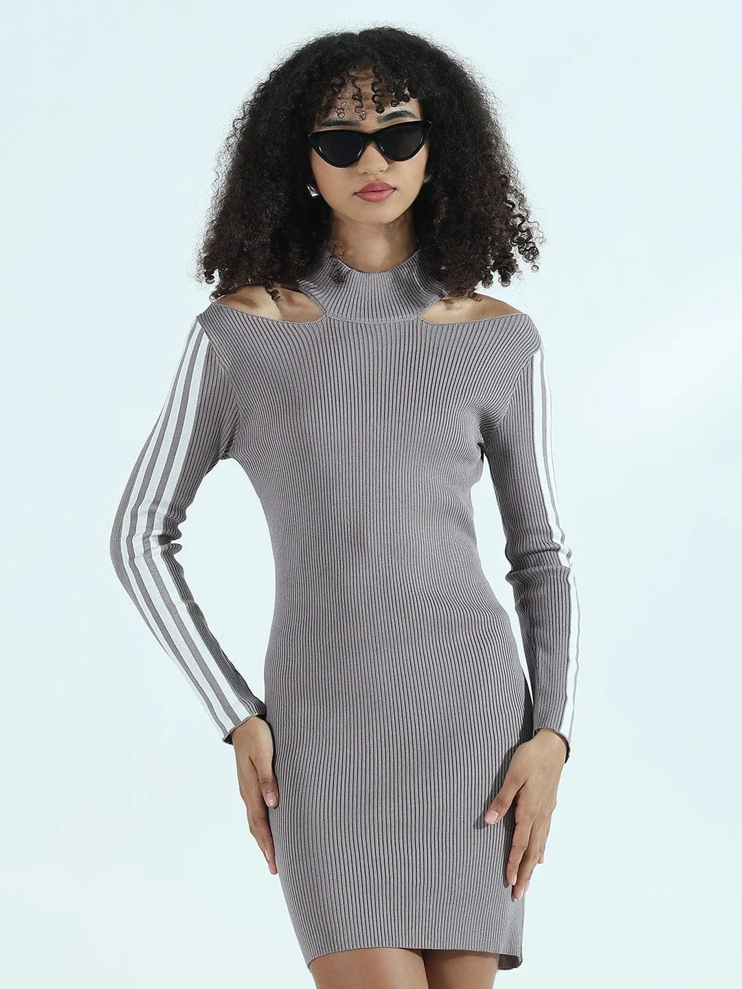 Women's Ribbed Grey Cut-Out Bodycon Short Dress with Side Stripes Versatile Edge
