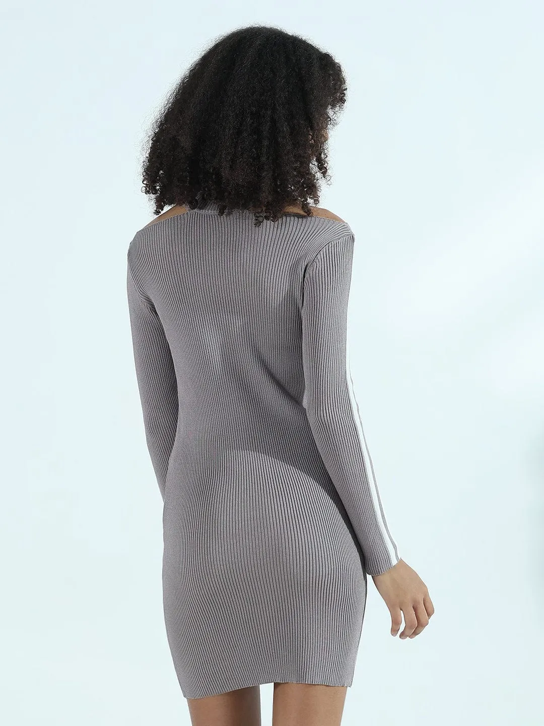 Modern and Feminine Women's Ribbed Grey Cut-Out Bodycon Short Dress with Side Stripes