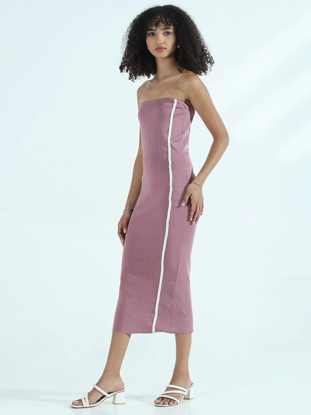 Women's Ribbed Mauve Strapless Bodycon Dress with White Stripes Soft Lines BreathableFabric