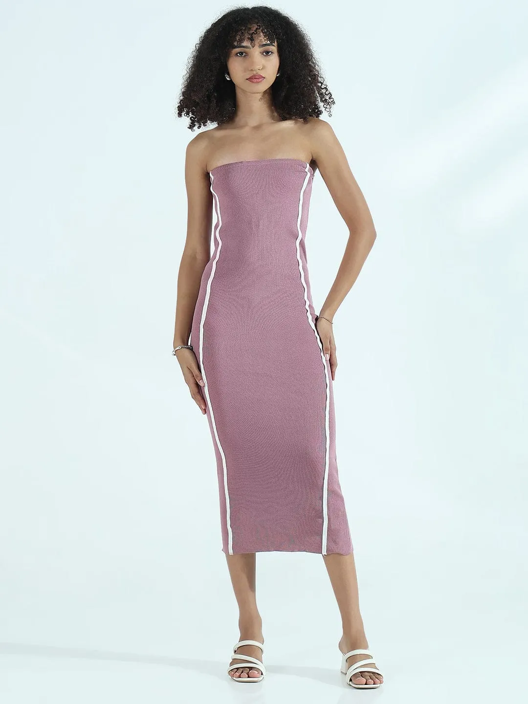 Women's Ribbed Mauve Strapless Bodycon Dress with White Stripes Work Ease