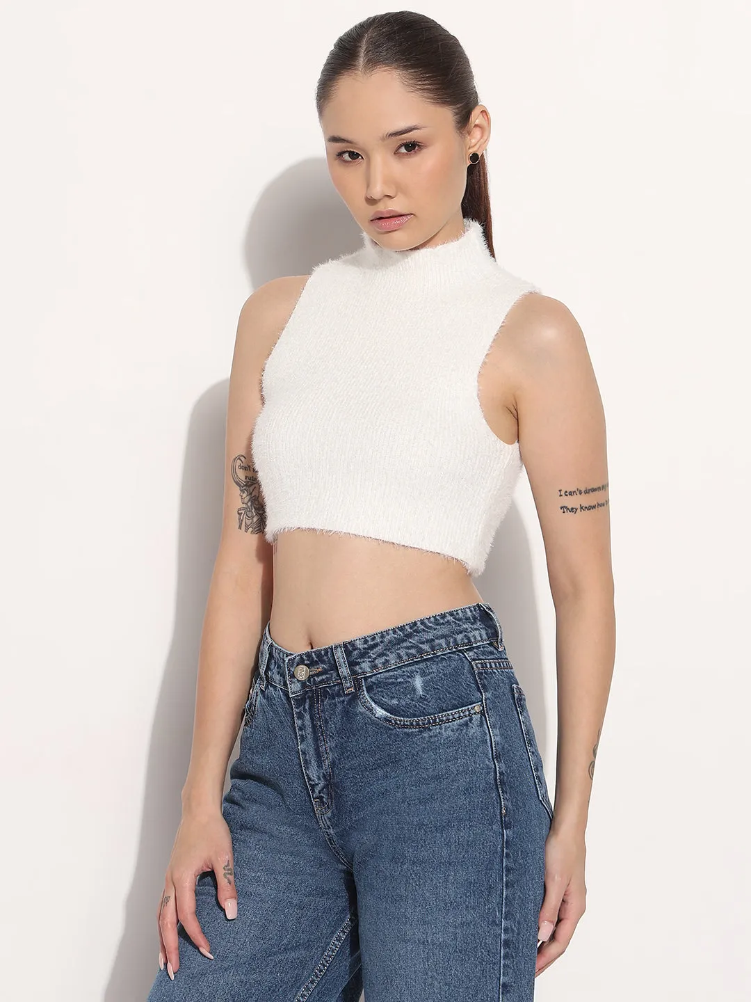 Easter Women's Ribbed Off White High Neck Sleeveless Knitted Crop Tank Top