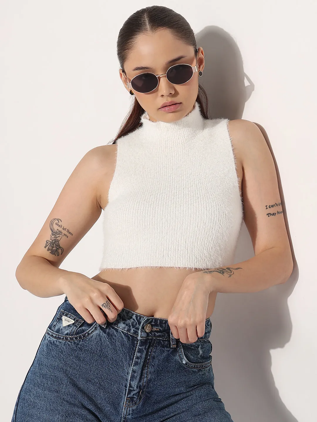 Antibacterial Treatment EcoFriendlyMaterial Women's Ribbed Off White High Neck Sleeveless Knitted Crop Tank Top