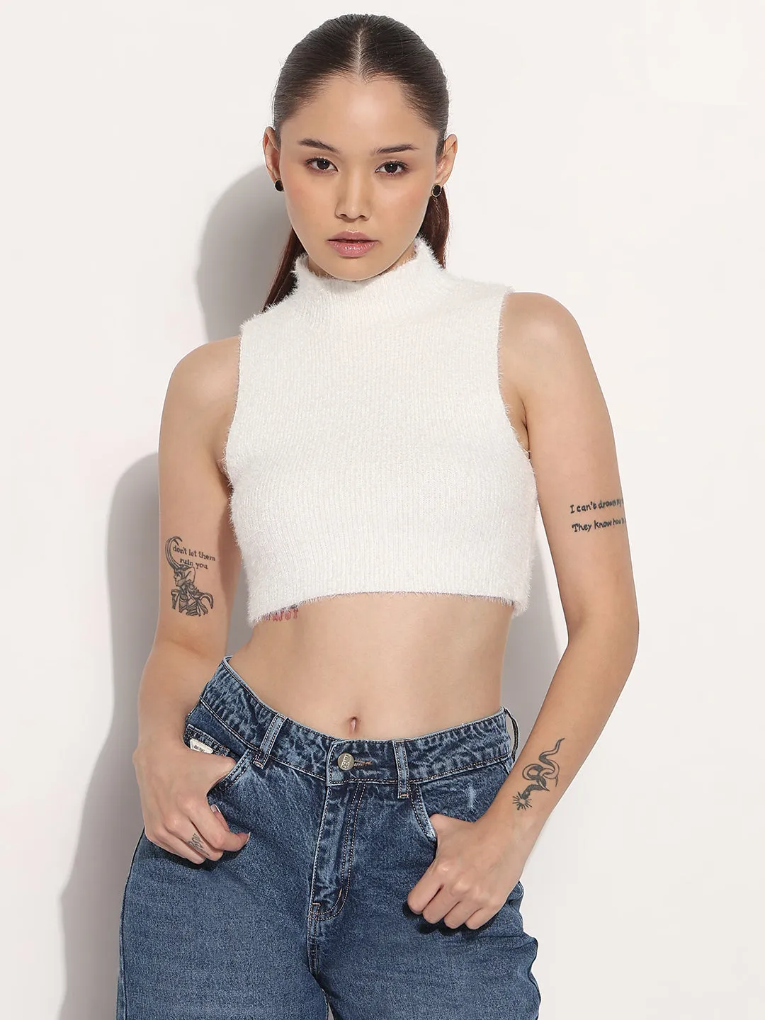 Relaxed Movement Simple yet stylish Women's Ribbed Off White High Neck Sleeveless Knitted Crop Tank Top