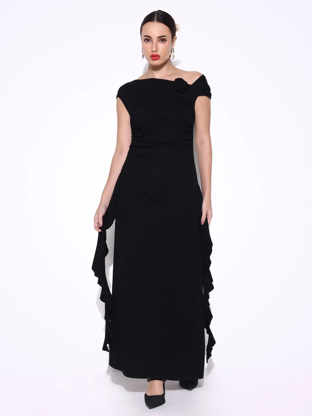 Women's Ruched Black off Shoulder Dress with Flower Ruffles Walk Grace Delicate Details