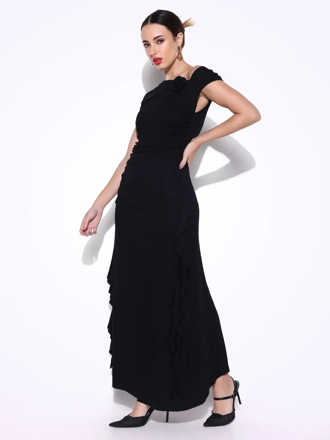 Women's Ruched Black off Shoulder Dress with Flower Ruffles Modern Silhouette Light and Comfortable Wear