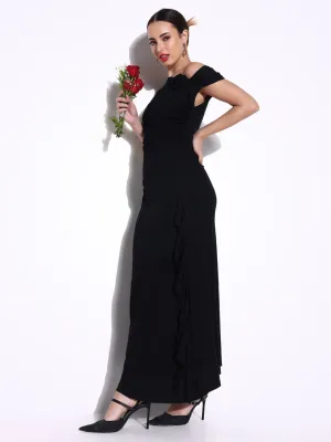 Women's Ruched Black off Shoulder Dress with Flower Ruffles WideCollarDesign