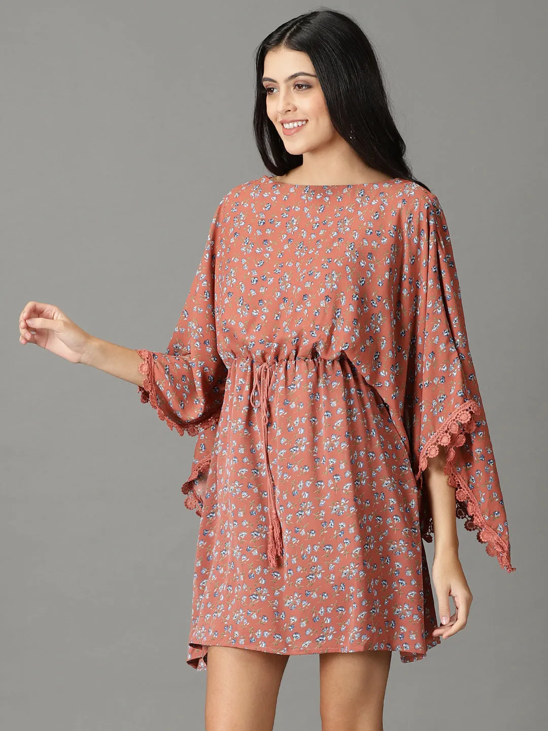 Women's Rust Floral Printed Boat Neck Kaftan Dress Fashionable Comfort Wear Fashion-Forward