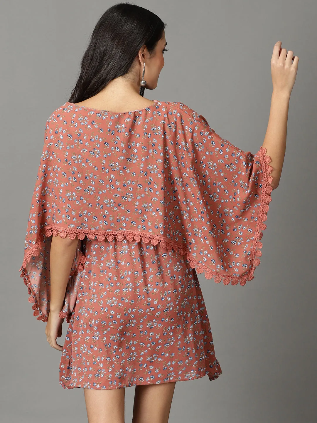 Women's Rust Floral Printed Boat Neck Kaftan Dress High-waist