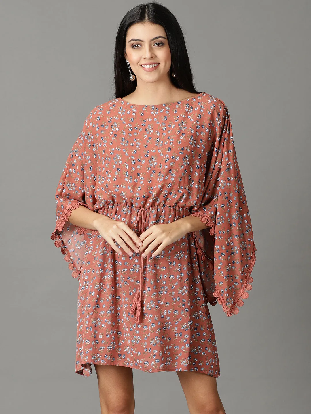 Women's Rust Floral Printed Boat Neck Kaftan Dress Classic Motion