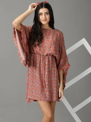 Women's Rust Floral Printed Boat Neck Kaftan Dress Layering Piece