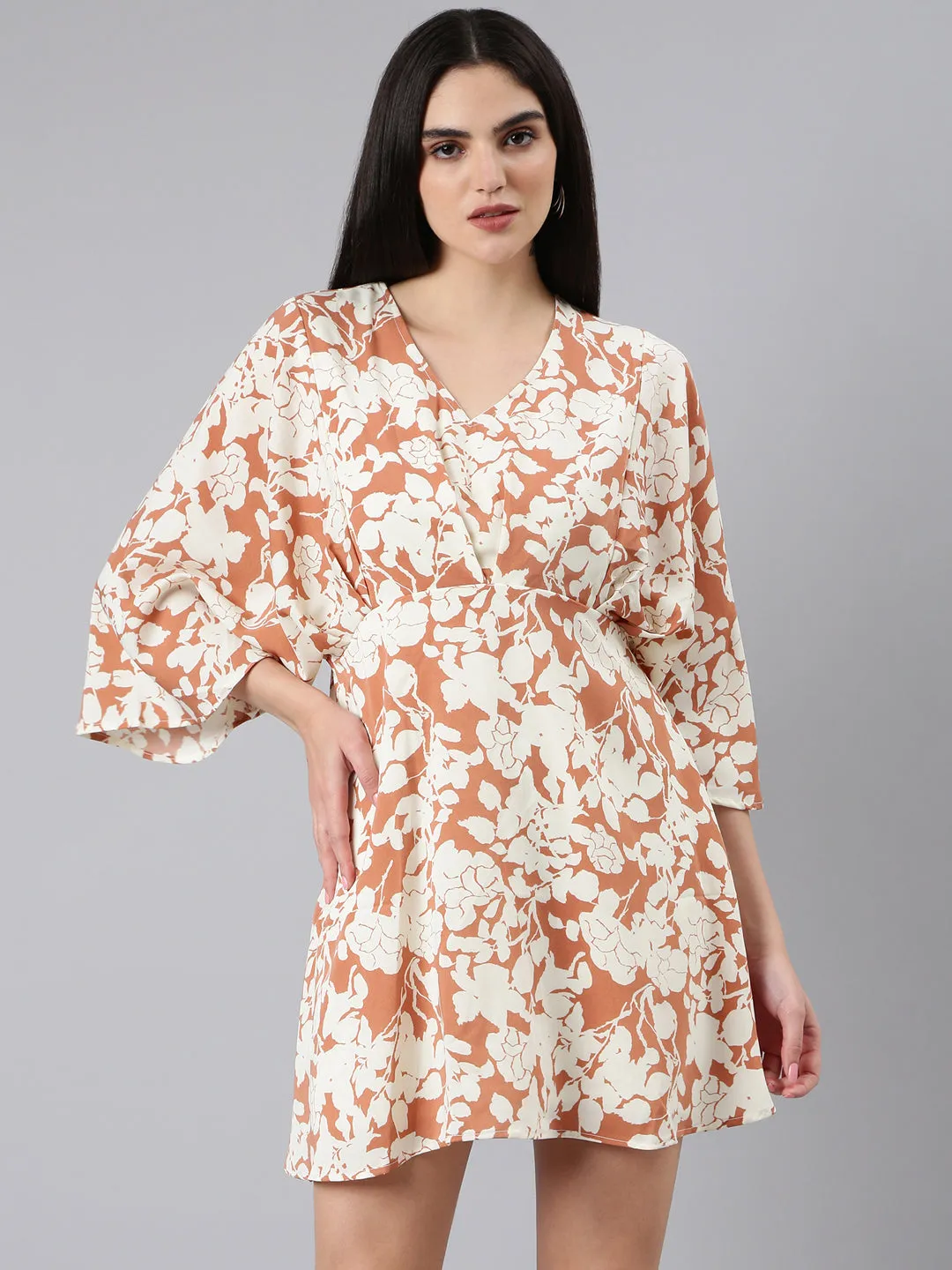 Women's Rust Floral Printed V-Neck Flared Sleeve Kaftan Dress Subtle Comfort