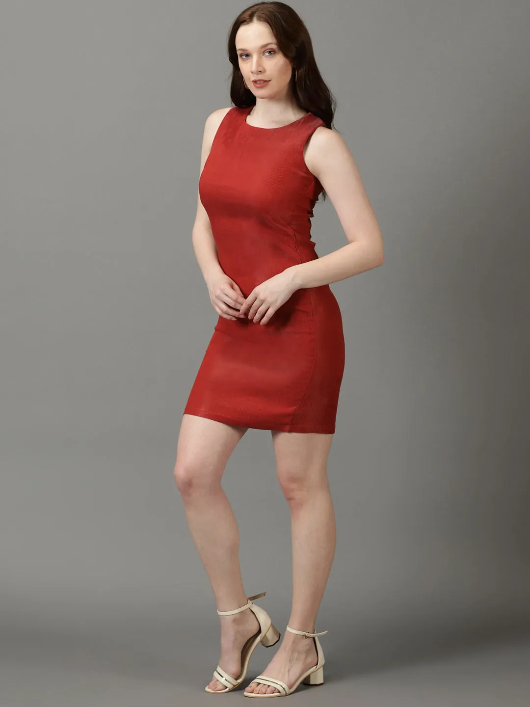 Women's Rust Round Neck Bodycon Dress Mid Season