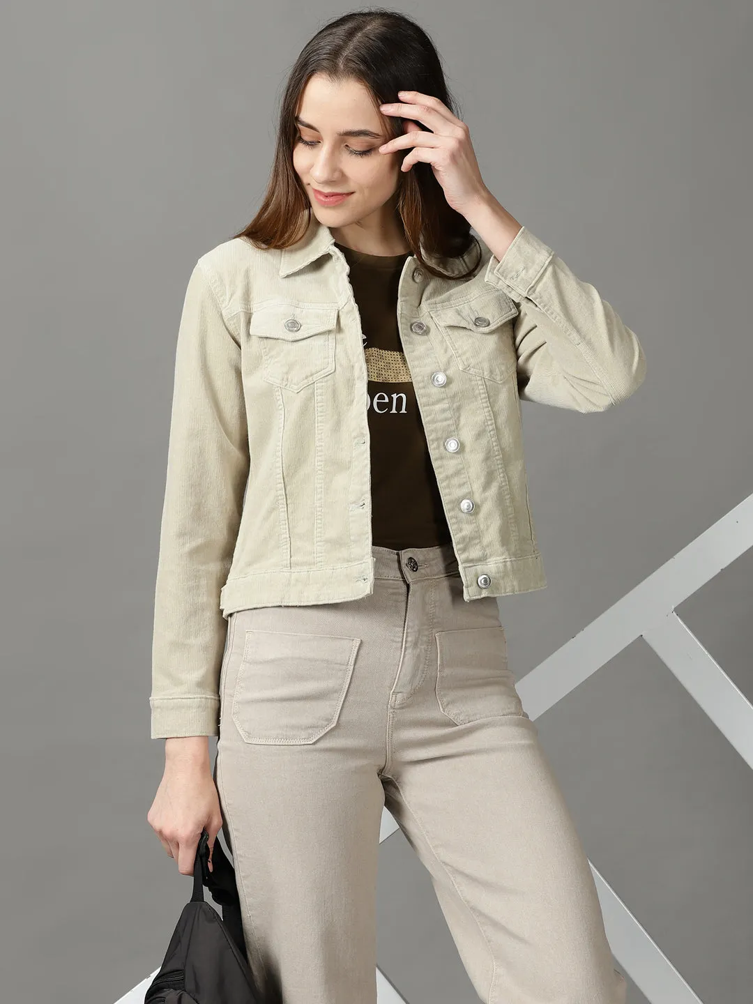 Women's Sea Green Corduroy Crop Denim Jacket fall season Cozy Hood Detail