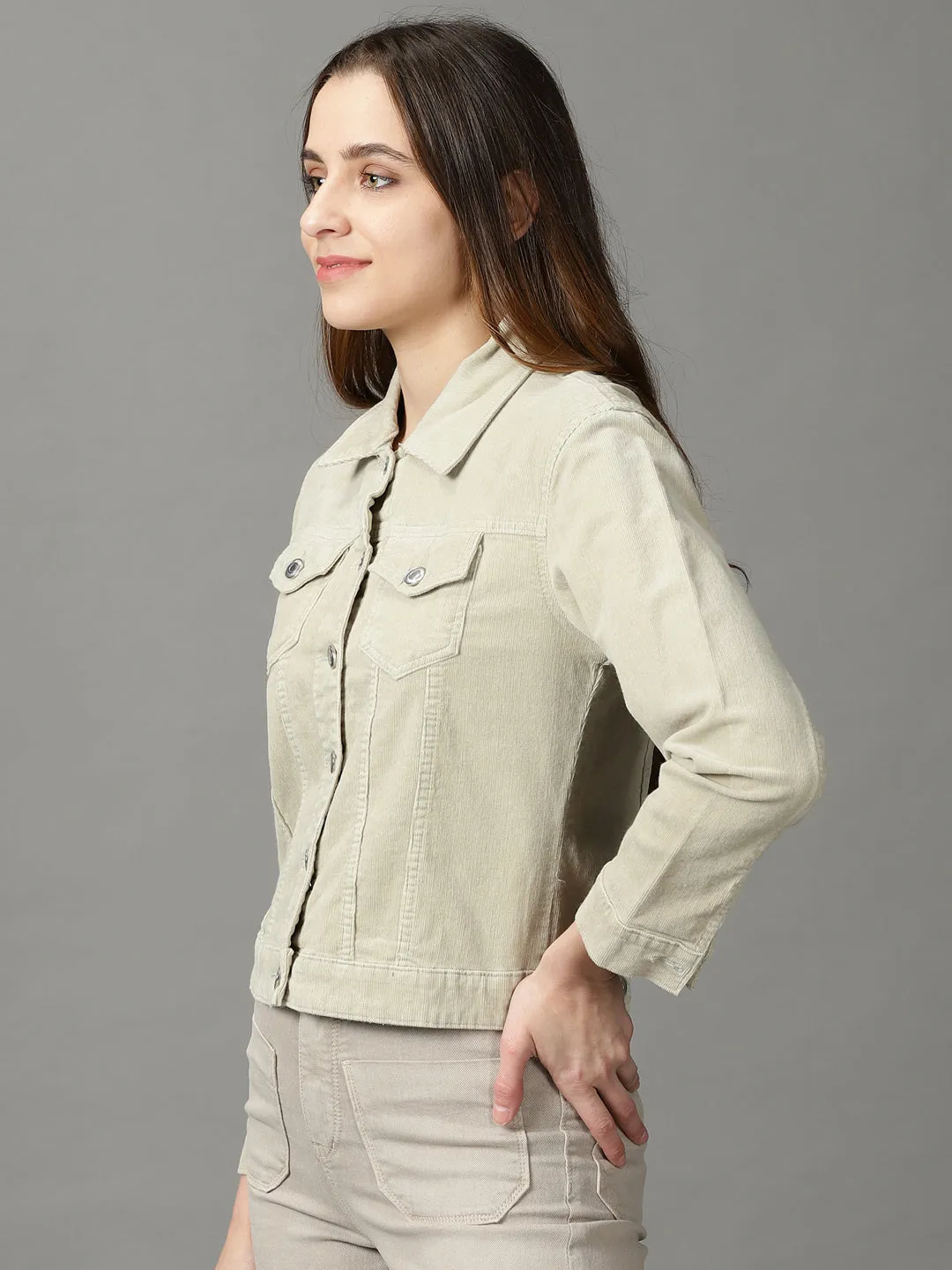 Women's Sea Green Corduroy Crop Denim Jacket Foldable Collar HypoallergenicInnerLayer