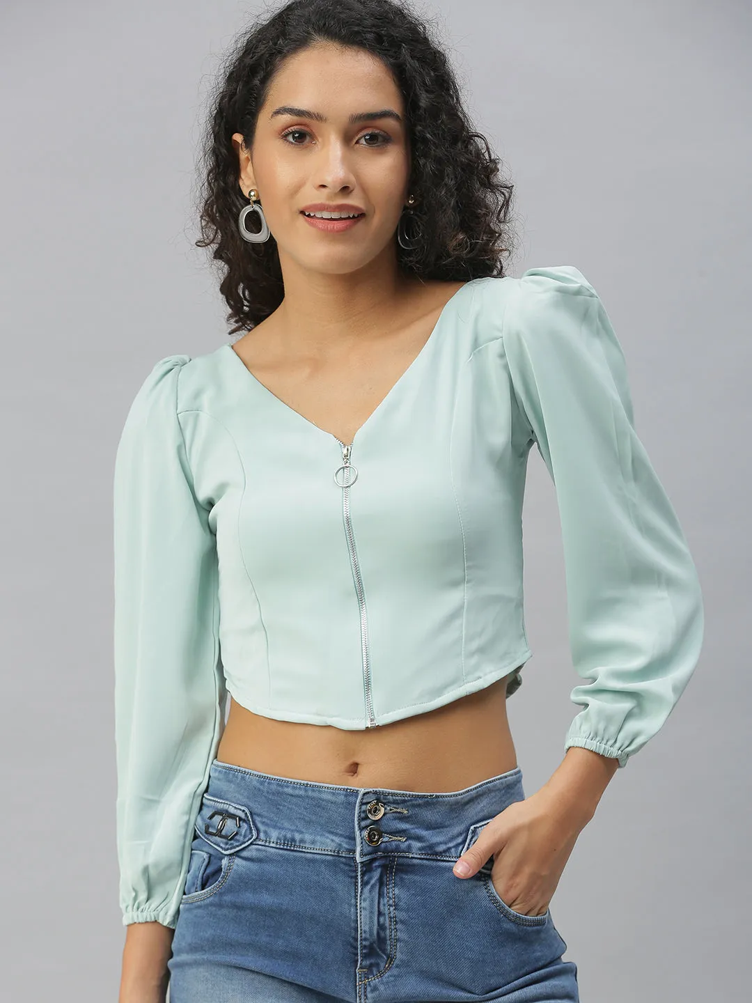 Lint Resistant Surface Women's Sea Green Crepe Crop Top