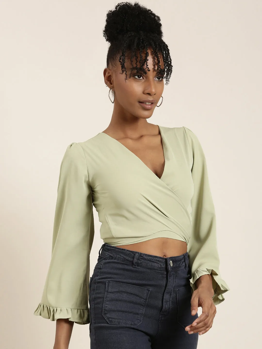 Women's Sea Green Flared Sleeve Wrap Crop Top Streetwear Flex Fit